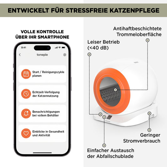 Selbstreinigendes Katzenklo mit App-Steuerung, Automatisch, Geruchsarm, Hygienisch, für Mehrere Katzen, Wartungsarm, Weiß-Orange