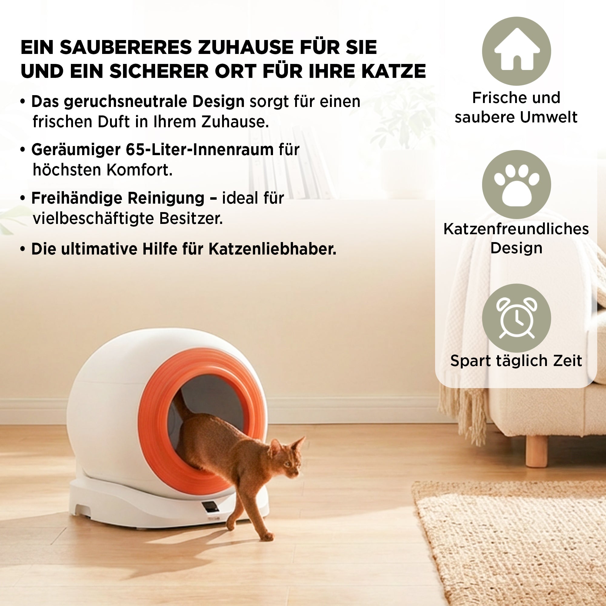 Selbstreinigendes Katzenklo mit App-Steuerung, Automatisch, Geruchsarm, Hygienisch, für Mehrere Katzen, Wartungsarm, Weiß-Orange