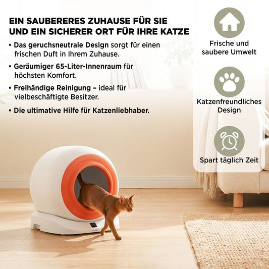 Selbstreinigendes Katzenklo mit App-Steuerung, Automatisch, Geruchsarm, Hygienisch, für Mehrere Katzen, Wartungsarm, Weiß-Orange